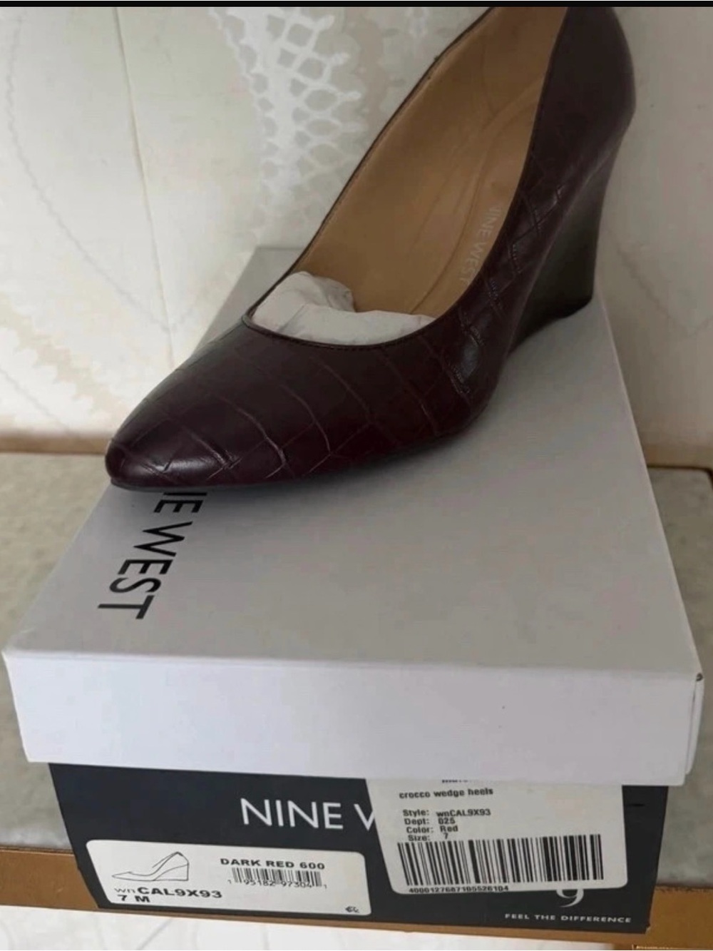 Nine West Dark Red Croc-Embossed Wedge Pumps